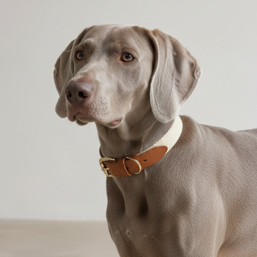 Gray dog wearing a brown collar on a light wooden floor with a neutral background