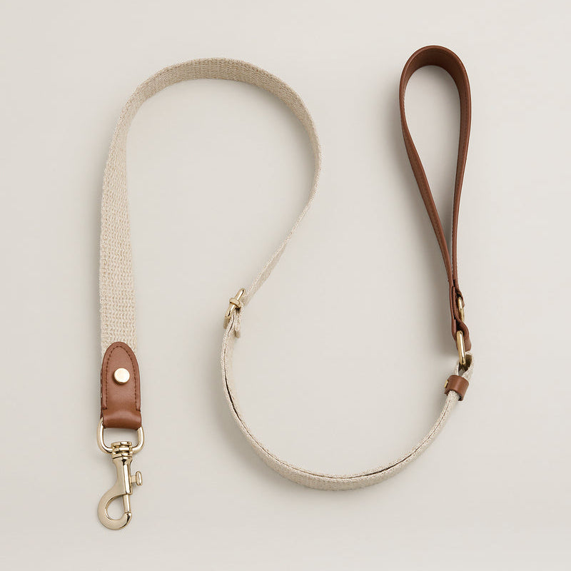 Dog leash with beige fabric and brown leather ends on a light gray background