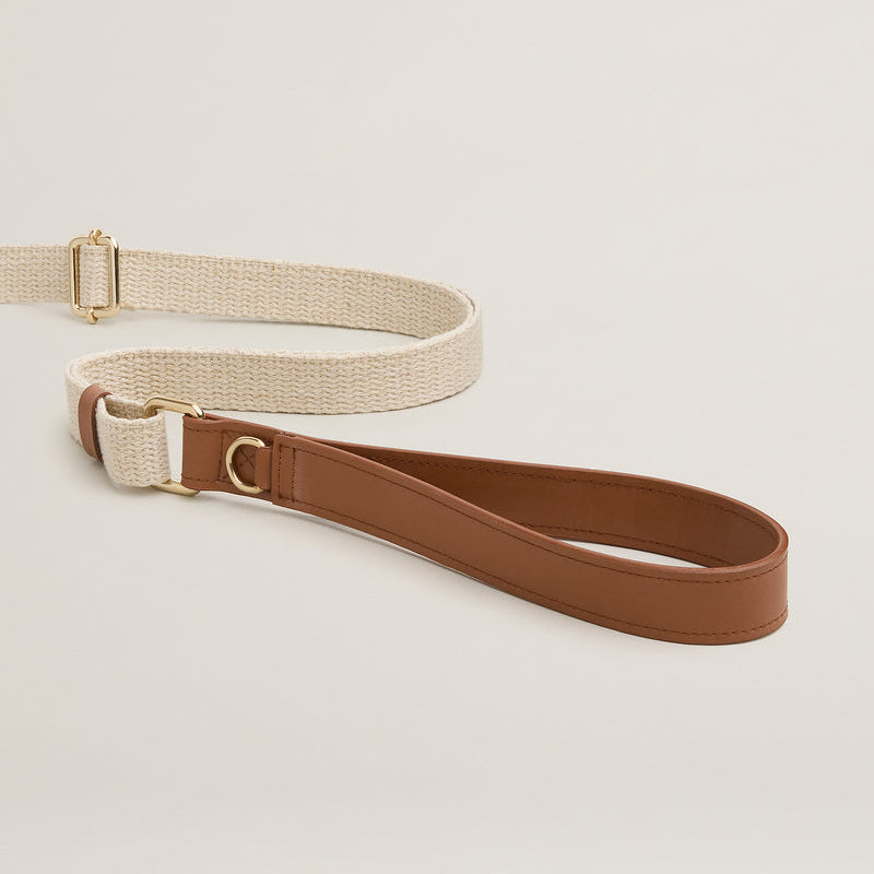 Dog leash with beige fabric and brown leather handle on a light gray background