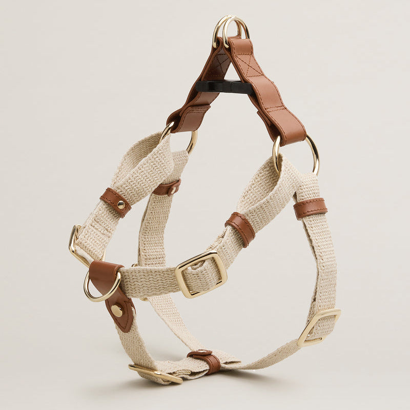 Dog harness with brown leather straps on a light gray background