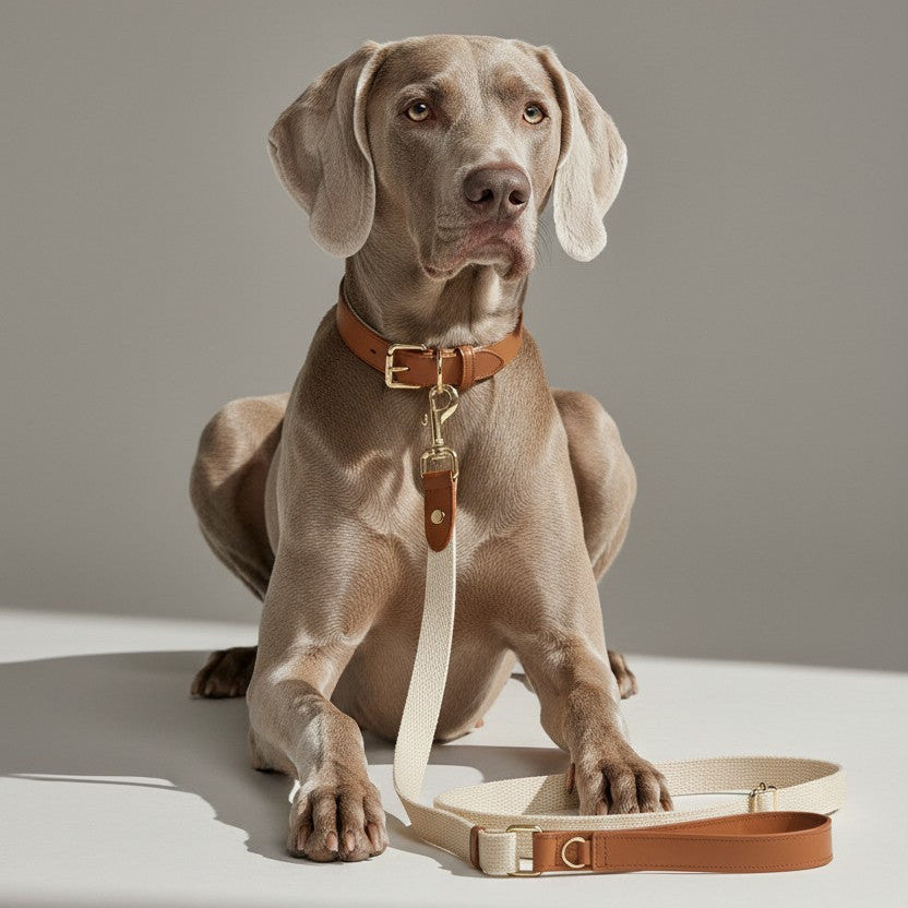 Dog sitting on a light surface with a leash in front of it against a plain background